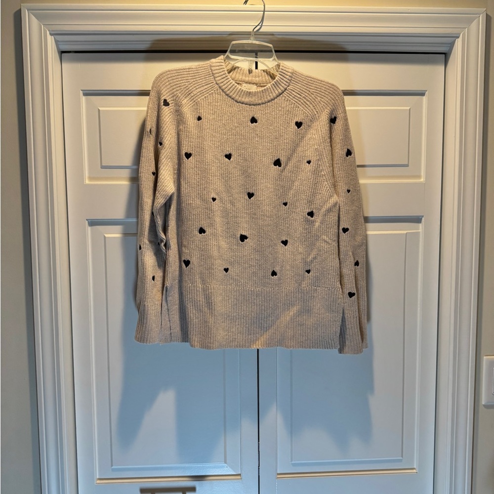 A New Day Beige Sweater with Black Heart Pattern